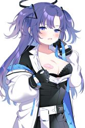 Rule 34 | 1girl, bandaid, bandaids on nipples, black bra, black gloves, black jacket, black skirt, blue archive, blue eyes, blush, bra, bra pull, breasts, clothes pull, collared shirt, gloves, halo, highres, holding necktie, jacket, long hair, long sleeves, looking at viewer, medium breasts, necktie, unworn necktie, nehan (gedatsu nehan), off shoulder, one breast out, open clothes, open jacket, open mouth, pasties, puffy long sleeves, puffy sleeves, pulling own clothes, purple hair, shirt, shirt pull, simple background, skirt, solo, triangle hair ornament, two side up, underwear, upper body, white background, white jacket, white shirt, yuuka (blue archive)