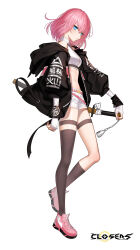 Rule 34 | 1girl, asymmetrical legwear, bare shoulders, belt, black jacket, blue eyes, breasts, brown socks, closers, crop top, expressionless, fingerless gloves, full body, gloves, highres, holding, hood, hood down, hooded jacket, jacket, katana, kneehighs, long sleeves, looking at viewer, medium breasts, midriff, nail polish, navel, non-web source, off shoulder, official art, open clothes, open jacket, pink hair, puffy sleeves, seulbi lee, sheath, sheathed, shirt, shoes, short hair, short shorts, shorts, single kneehigh, single sock, single thighhigh, sleeveless, sleeveless shirt, sleeveless turtleneck, sneakers, socks, solo, stomach, sword, tassel, thigh strap, thighhighs, turtleneck, uneven legwear, weapon, weapon on back, white gloves, white shirt, white shorts