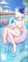 Rule 34 | 1girl, :p, absurdres, ahoge, ball, bare legs, bare shoulders, beachball, bespectacled, bikini, blue eyes, blue hair, blue hat, blue sky, breasts, bubble, choker, cloud, commentary request, day, feet, feifu, furina (genshin impact), genshin impact, glasses, gloves, hands up, hat, highres, innertube, jewelry, large breasts, legs, looking at viewer, multicolored hair, navel, off shoulder, pendant, pool, shirt, sky, smile, solo, stomach, streaked hair, swim ring, swimsuit, thighs, toes, tongue, tongue out, top hat, umbrella, water, white bikini, white choker, white gloves, white hair, white shirt