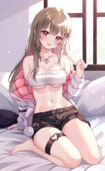 Rule 34 | 1girl, ayaginu temari, bare shoulders, barefoot, black shorts, breasts, brown hair, camisole, cleavage, crop top, flower knot, hair ribbon, hand up, highres, isekai tensei shite v ni narimashita, jacket, jewelry, large breasts, long hair, long sleeves, looking at viewer, midriff, mole, mole under eye, navel, necklace, off shoulder, open clothes, open jacket, open mouth, red eyes, ribbed shirt, ribbon, sebu illust, seiza, shirt, short shorts, shorts, sitting, sleeveless, sleeveless shirt, smile, solo, spaghetti strap, stomach, thigh strap, thighs, two-sided fabric, underboob, virtual youtuber, white jacket, white shirt