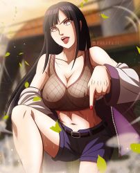 Rule 34 | 1girl, alternate costume, alternate universe, angry, belt, blue hair, bra, breasts, byakugan, cleavage, covered erect nipples, fishnets, groin, highres, hime cut, hood, hoodie, hyuuga hinata, jacket, large breasts, long hair, looking at viewer, midriff, naruto: road to ninja, naruto (series), naruto shippuuden, navel, open clothes, open hoodie, open jacket, pointing, purple eyes, short shorts, shorts, signature, simple background, solo, standing, underwear