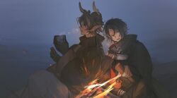 Rule 34 | 2boys, absurdres, arknights, black cape, black hair, brown hair, cape, chinese clothes, chinese commentary, chong yue (arknights), commentary request, dark, dragon boy, dragon horns, drink, earrings, fire, grey eyes, high collar, highres, holding, holding drink, horns, htt1821, jewelry, long sleeves, looking down, male focus, messy hair, multiple boys, open mouth, outdoors, pointy ears, profile, short hair, sitting, smile, steam, wide sleeves, yellow horns, zuo le (arknights)