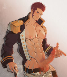 Rule 34 | 1boy, abs, bara, belt, blue eyes, blush, brown hair, censored, cigar, collar, deadbeatincubus, epaulettes, erection, facial hair, fate/grand order, fate (series), fringe trim, goatee, highres, jacket, large pectorals, long sideburns, long sleeves, looking at viewer, male focus, male pubic hair, military, mosaic censoring, muscular, napoleon bonaparte (fate), open clothes, open jacket, open shirt, pants, pectorals, penis, pubic hair, scar, sideburns, simple background, smile, solo, testicles, unbuttoned, uniform