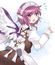 Rule 34 | 1girl, alternate costume, animal ears, apron, bird wings, blush, bow, d:, enmaided, from behind, hammer (sunset beach), juliet sleeves, long sleeves, looking at viewer, looking back, maid, maid apron, maid headdress, mystia lorelei, open mouth, pink eyes, pink hair, puffy sleeves, short hair, solo, surprised, touhou, waist apron, wings