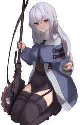 Rule 34 | 1girl, arknights, capelet, chainsaw, circular saw, closed mouth, garter belt, highres, holding, holding weapon, iwagmo, long hair, long sleeves, red eyes, saw, silver hair, solo, specter (arknights), thighhighs, turtleneck, very long hair, weapon, white background
