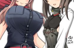 Rule 34 | 2girls, anchor, belt, black dress, breast pocket, breasts, brown hair, corset, dated, dress, flat chest, head out of frame, kantai collection, large breasts, lips, looking at viewer, multiple girls, pocket, saratoga (kancolle), short hair, signature, simple background, size difference, taihou (kancolle), tk8d32, white background