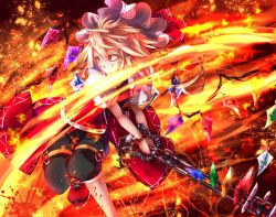 Rule 34 | 1girl, adapted costume, adapted weapon, belt, black pants, blonde hair, buckle, calpis118, capri pants, clenched teeth, commentary request, crystal, fire, flandre scarlet, grin, hair between eyes, hat, hat ribbon, highres, holding, holding sword, holding weapon, jewelry, laevatein (touhou), looking to the side, mob cap, necklace, pants, red eyes, red ribbon, ribbon, ribbon-trimmed sleeves, ribbon trim, serious, shoes, short hair, short sleeves, smile, sneakers, solo, swept bangs, sword, teeth, touhou, weapon, white hat, wings