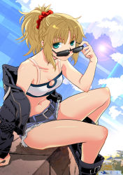 Rule 34 | 1girl, arm support, belt, blonde hair, boots, bra, breasts, cleavage, cleavage cutout, clothing cutout, cloud, cutoffs, day, denim, denim shorts, fate/apocrypha, fate (series), green eyes, jacket, leather, leather jacket, lens flare, long hair, looking at viewer, mgk968, midriff, mordred (fate), mordred (fate/apocrypha), mordred (memories at trifas) (fate), navel, open clothes, open jacket, ponytail, scrunchie, shiny skin, shorts, sitting, sky, small breasts, smile, solo, sun, sunglasses, underwear