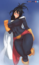 Rule 34 | 1girl, abs, artist name, biitii, black bodysuit, black eyes, black hair, blue background, blush, bodysuit, boku no hero academia, boots, breasts, cape, covered navel, gloves, highres, large breasts, long hair, mature female, mole, mole under mouth, ponytail, shimura nana, smile, solo, thick thighs, thighs, toned, white cape, wide hips, yellow gloves
