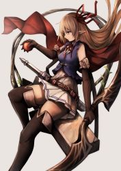 Rule 34 | 1girl, apple, arisa (shadowverse), bad id, bad twitter id, belt, blonde hair, boots, bow (weapon), brown footwear, brown thighhighs, commentary request, elbow gloves, elf, food, fruit, gloves, green eyes, grey background, hair ribbon, highres, holding, holding food, holding fruit, holding weapon, long hair, pointy ears, ribbon, shadowverse, simple background, skirt, snm (sunimi), solo, sword, thigh boots, thighhighs, weapon, zettai ryouiki