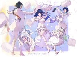 Rule 34 | 2boys, 3girls, ahoge, alcohol, alternate costume, alternate hairstyle, antenna hair, arm up, arms up, back, bare shoulders, barefoot, black hair, blue background, blue eyes, blue hair, blush, border, bottle, bow, bowtie, braid, breasts, buttons, closed eyes, collarbone, commentary request, dark blue hair, dress, drop-shaped pupils, drunk, earrings, english text, feathers, flying, frills, full body, furina (genshin impact), genshin impact, gradient background, gradient hair, grey hair, hair bow, hand up, hands up, happy, hetero, holding, holding bottle, holding pillow, jacket, jewelry, jumping, large breasts, leg up, long hair, long sleeves, looking at another, low-tied long hair, mismatched pupils, multicolored background, multicolored hair, multiple boys, multiple girls, nahida (genshin impact), naruka (ynarukay), navel, no headwear, open mouth, orange hair, outside border, pajamas, pants, pillow, pointy ears, ponytail, puffy long sleeves, puffy short sleeves, puffy sleeves, purple background, purple eyes, purple hair, raiden shogun, running, scared, shaded face, shirt, short sleeves, shorts, sidelocks, simple background, single earring, sleeveless, sleeveless dress, smile, standing, star (symbol), symbol-shaped pupils, tank top, tearing up, tongue, twin braids, two-tone hair, v-shaped eyebrows, venti (genshin impact), white border, white bow, white bowtie, white dress, white hair, white jacket, white pajamas, white pants, white shirt, white shorts, white tank top, wine, wine bottle, zhongli (genshin impact)