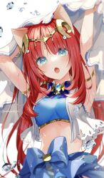 Rule 34 | 1girl, absurdres, animal ears, armpits, arms up, blue bow, blue bowtie, blue eyes, blue gemstone, blush, bow, bowtie, breasts, cat ears, cowboy shot, crop top, dancer, fang, gem, genshin impact, gold trim, harem outfit, highres, jewelry, long hair, looking at viewer, medium breasts, memeno, neck ring, nilou (genshin impact), open mouth, red hair, solo, twitter username, veil, white headdress, white veil