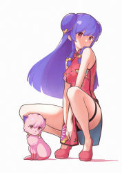 Rule 34 | 1girl, absurdres, animal print, animalization, bare arms, bare shoulders, bell, black panties, blunt ends, breasts, butterfly hair ornament, butterfly print, cat, china dress, chinese clothes, double bun, dress, dual persona, full body, hair bell, hair bun, hair ornament, highres, itou kazuki, long hair, looking at viewer, own hands together, panties, pelvic curtain, pink dress, pink footwear, print dress, purple hair, ranma 1/2, red dress, red eyes, shampoo (ranma 1/2), shoes, short dress, sidelocks, sideways glance, simple background, sleeveless, sleeveless dress, squatting, thigh strap, underwear, v arms, very long hair, white background