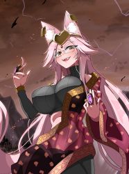 Rule 34 | 1girl, absurdres, akitokage, animal ear fluff, animal ears, breasts, commentary, commentary request, dress, earrings, fate/grand order, fate (series), fox ears, fox tail, glasses, groin, hair ornament, highres, indian clothes, indian style, jewelry, koyanskaya (fate), koyanskaya (indian lostbelt outfit) (fate), large breasts, long hair, looking at viewer, looking down, lowleg, midriff, necklace, open mouth, pink hair, sitting, smile, solo, tail, tamamo (fate), yellow eyes