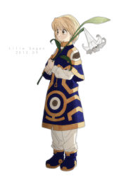 Rule 34 | 16 ban, 1boy, aged down, ankle boots, blonde hair, blue capelet, blue footwear, blue tunic, bob cut, boots, capelet, child, dated, flower, full body, holding, holding flower, hunter x hunter, kurapika, lily (flower), long sleeves, looking away, male focus, pants, short hair, simple background, solo, standing, white background, white flower, white pants
