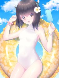 Rule 34 | 1girl, :d, bare shoulders, black hair, blue nails, blue sky, blush, bracelet, breasts, brown eyes, cloud, collarbone, commentary request, covered collarbone, covered navel, day, flower, food, frilled innertube, hair between eyes, hair flower, hair ornament, headgear, highres, holding, holding food, innertube, jewelry, kantai collection, looking at viewer, nail polish, one-piece swimsuit, open mouth, outdoors, popsicle, sky, small breasts, smile, solo, swim ring, swimsuit, taihou (kancolle), tsukimochikuriko (tsukimochi k), white flower