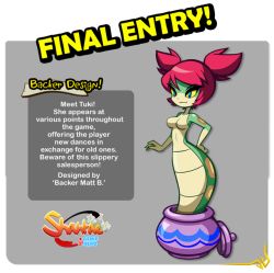 Rule 34 | 1girl, blue eyes, colored sclera, colored skin, english text, green skin, hand on own hip, kickstarter, lamia, monster girl, official art, pot, red hair, shantae: half-genie hero, shantae (series), short twintails, slit pupils, solo, text focus, tuki (shantae), twintails, yellow sclera