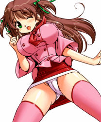 Rule 34 | 00s, 1girl, azusagawa tsukino, bow, breasts, brown hair, covered erect nipples, green eyes, large breasts, lowres, miniskirt, one eye closed, panties, pencil skirt, pink shirt, shirt, skirt, solo, thighhighs, two side up, underwear, white panties, wink, yakitate!! japan