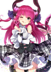 Rule 34 | 10s, 1girl, ;p, asymmetrical horns, bare shoulders, blue eyes, blush, detached sleeves, elizabeth bathory (fate), elizabeth bathory (fate/extra ccc), elizabeth bathory (second ascension) (fate), fate/extra, fate/extra ccc, fate/grand order, fate (series), hair ribbon, heart, heart of string, highres, hilo (joy hero), horns, long hair, one eye closed, pilokey, pink hair, plaid, plaid skirt, pointy ears, ribbon, rojiura satsuki : chapter heroine sanctuary, skirt, solo, sparkle, tail, tail ornament, tail ribbon, tongue, tongue out, twintails, uneven horns