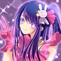 Rule 34 | 1girl, blush, brooch, closed mouth, dress, fang, frilled gloves, frills, gloves, hair between eyes, hair ornament, hair ribbon, hand up, heart, heart brooch, highres, hoshino ai (oshi no ko), idol, idol clothes, jewelry, light particles, long hair, looking at viewer, multicolored hair, namahage (namahage1712468), one side up, oshi no ko, pink gloves, pink hair, pink ribbon, purple background, purple eyes, purple hair, rabbit hair ornament, ribbon, shadow, sidelocks, smile, solo, sparkle, star-shaped pupils, star (symbol), star hair ornament, streaked hair, symbol-shaped pupils, turtleneck, turtleneck dress, upper body, v