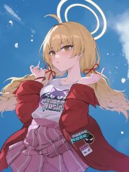 Rule 34 | 1girl, absurdres, ahoge, ar-gand, blonde hair, blue archive, blush, closed mouth, halo, highres, jacket, long hair, long sleeves, looking at viewer, official alternate costume, open clothes, open jacket, pink skirt, pleated skirt, red jacket, shirt, skirt, solo, white shirt, yellow eyes, yellow halo, yoshimi (band) (blue archive), yoshimi (blue archive)