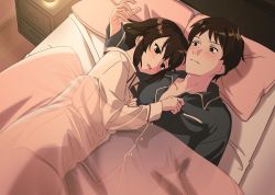 Rule 34 | 1boy, 1girl, bed, bedroom, blanket, blush, brown eyes, brown hair, buttons, closed mouth, collarbone, commentary request, couple, green pajamas, hand up, head on pillow, hetero, highres, hotaru iori, ichimi renge, indoors, kyon, long sleeves, looking at another, lying, medium hair, on back, on bed, on side, open mouth, pajamas, pajamas pull, pillow, second-party source, see-through, short hair, split mouth, suzumiya haruhi, suzumiya haruhi no yuuutsu, under covers, wavy mouth, white pajamas, wooden floor