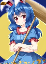 Rule 34 | 1girl, animal ears, blue background, blue dress, blue sleeves, breasts, collar, crescent, crescent print, crossed arms, dress, full moon, hair between eyes, hammer, hands up, highres, looking at viewer, medium breasts, medium hair, moon, rabbit ears, red collar, red eyes, ruu (tksymkw), seiran (touhou), short sleeves, simple background, smile, solo, star (symbol), star print, touhou, yellow moon