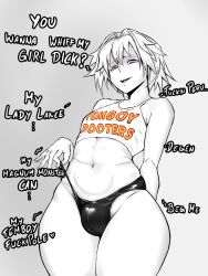 Rule 34 | 1boy, arms behind back, astolfo (fate), bulge, commentary, covered penis, cowboy shot, english commentary, english text, fate/grand order, fate (series), femboy hooters (meme), from below, gradient background, grey background, hair intakes, highres, hooters, jlacroixxx, male focus, meme, monochrome, narrowed eyes, navel, open mouth, panty bulge, pink eyes, solo, spot color, standing, thighs, toned, toned male, trap, upper body, wide hips