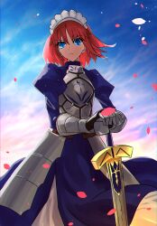 Rule 34 | 1girl, absurdres, alternate costume, armor, armored dress, artoria pendragon (all), artoria pendragon (fate), blue dress, blue eyes, blue sky, breastplate, closed mouth, cloud, commentary, company connection, cosplay, crossover, day, dress, english commentary, excalibur (fate/stay night), fate/stay night, fate (series), floating hair, fukou, gauntlets, highres, hisui (tsukihime), juliet sleeves, long sleeves, looking at viewer, maid headdress, outdoors, parted bangs, petals, plackart, puffy sleeves, red hair, saber (fate), saber (fate) (cosplay), short hair, sky, solo, sword, tsukihime, weapon