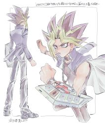 Rule 34 | 1boy, blonde hair, card, chain, clenched hand, commentary request, duel disk, dyed bangs, highres, holding, holding card, jacket, long sleeves, lower teeth only, male focus, morijio (pnpn no mm), multicolored hair, multiple views, open mouth, pants, shoes, spiked hair, standing, teeth, tongue, translation request, yami yugi, yu-gi-oh!