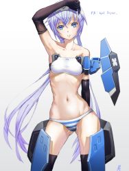Rule 34 | 1girl, arm above head, armpits, black thighhighs, blue eyes, blue hair, breasts, contrapposto, elbow gloves, frame arms girl, gloves, gluteal fold, groin, groin tendon, hair between eyes, highres, long hair, looking at viewer, mecha musume, misenouchi, navel, panties, skindentation, small breasts, solo, striped clothes, striped panties, stylet, thighhighs, twintails, underwear, white background