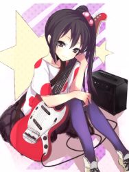 Rule 34 | 1girl, amplifier, blue pantyhose, cable, guitar, hair bobbles, hair ornament, instrument, k-on!, listen!!, long hair, nakano azusa, p-nut, pantyhose, polka dot, purple pantyhose, shoes, side ponytail, sitting, smile, sneakers, solo, star (symbol)