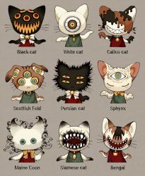 Rule 34 | animal, animal ears, black cat, calico, cat, cat ears, claws, commentary, creature, demon, extra eyes, fangs, highres, kaijuu, looking at viewer, maniani, monster, no humans, original, sharp teeth, smile, teeth, whiskers, white cat