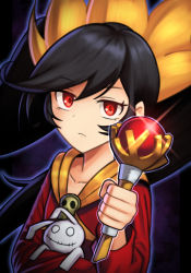 Rule 34 | 1girl, absurdres, ashley (warioware), black hair, closed mouth, collarbone, commentary, dark background, expressionless, highres, holding, light frown, long hair, looking at viewer, nintendo, orange headwear, red eyes, red robe, robe, silverchariotx, solo, stitched mouth, stitches, stuffed animal, stuffed rabbit, stuffed toy, twintails, upper body, wand, warioware