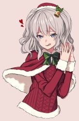 Rule 34 | 10s, 1girl, :q, aran sweater, bad id, bad twitter id, bell, blue eyes, bow, cable knit, capelet, christmas, fur trim, hair bell, hair ornament, hat, heart, highres, kantai collection, kashima (kancolle), long hair, long sleeves, looking at viewer, no legs, santa hat, silver hair, smile, solo, sora yoshitake yuda, steepled fingers, sweater, tongue, tongue out, twintails, wavy hair