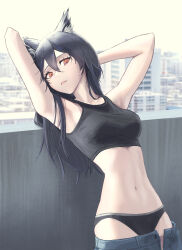 Rule 34 | 1girl, absurdres, against wall, alternate costume, animal ear fluff, animal ears, arknights, armpits, arms behind head, arms up, bare arms, bare shoulders, black hair, black panties, black shirt, black tank top, blue pants, blurry, blurry background, breasts, buttons, cityscape, clear sky, collarbone, commentary, cowboy shot, crop top, day, denim, depth of field, expressionless, eyelashes, from side, hair between eyes, head tilt, highres, inck00, jeans, leaning, leaning back, lips, long hair, looking at viewer, looking to the side, medium breasts, midriff, navel, orange eyes, outdoors, pale skin, panties, pants, parted lips, partially undressed, shade, shirt, skinny, sky, solo, standing, stomach, sunlight, tank top, teeth, texas (arknights), underwear, unzipped, wall, white sky, wolf ears, wolf girl