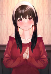 Rule 34 | 1girl, bare shoulders, black hair, breasts, hairband, highres, large breasts, long hair, long sleeves, looking at viewer, off-shoulder sweater, off shoulder, red eyes, red sweater, sabi1234, sidelocks, smile, solo, spy x family, sweater, yor briar