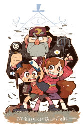 Rule 34 | 1girl, 2boys, 8-ball, absurdres, anniversary, baseball cap, bill cipher, book, brown hair, cane, dipper pines, fez hat, formal, grappling hook, grass, gravity falls, grey hair, hat, highres, leaf, looking at viewer, mabel pines, multiple boys, rariatto (ganguri), shorts, skirt, stanley pines, suit, sweater, vest