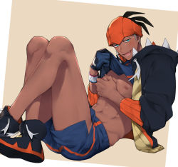 Rule 34 | 1boy, bare pectorals, black hair, black hoodie, blush, clothes lift, commentary, creatures (company), dark-skinned male, dark skin, dynamax band, earrings, game freak, gloves, grabbing, gym leader, half-closed eyes, highres, hood, hoodie, jewelry, knees, legs together, lifted by self, male focus, meltnotmelt, nintendo, open clothes, open hoodie, open mouth, orange headwear, pectoral grab, pectorals, pokemon, pokemon swsh, raihan (pokemon), shirt lift, shoes, shorts, side slit, side slit shorts, single glove, smile, solo, teeth, tongue
