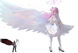 Rule 34 | !?, 1boy, 1girl, black footwear, black jacket, black pants, blue archive, blue hair, breasts, capelet, character request, commentary request, dokomon, dress, feathered wings, gradient hair, hair bun, halo, high heels, highres, jacket, korean commentary, long hair, medium breasts, mika (blue archive), multicolored hair, orange eyes, pants, pantyhose, pink hair, reference inset, shirt, shoes, simple background, single side bun, sleeveless, sleeveless dress, solo focus, tekken, v-shaped eyebrows, very long hair, white background, white capelet, white dress, white pantyhose, white shirt, white wings, wings