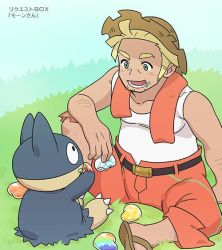 Rule 34 | 1boy, arm hair, bare arms, belt, belt buckle, blonde hair, blush, brown footwear, brown headwear, buckle, chacha (ss 5087), commentary request, creatures (company), day, eating, food, food on face, game freak, gen 4 pokemon, grass, green eyes, hat, holding, lower teeth only, male focus, mohn (pokemon), munchlax, nintendo, open mouth, orange pants, outdoors, pants, pokemon, pokemon (creature), pokemon sm, sandals, shirt, short hair, sitting, sleeveless, sleeveless shirt, teeth, tongue, translation request, white shirt