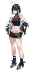 Rule 34 | 1girl, absurdres, ahoge, bare shoulders, black footwear, black hair, black nails, black shorts, blue hair, breasts, brown eyes, chain necklace, colored inner hair, commentary, crop top, cross, cross earrings, dolphin shorts, earrings, fingernails, full body, hair ornament, hairclip, highres, irene (kanniiepan), jacket, jewelry, kanniiepan, looking at viewer, medium breasts, midriff, mole, mole on cheek, mole under eye, multicolored hair, nail polish, navel, necklace, off shoulder, open clothes, open jacket, original, photoshop (medium), shoes, short hair, short shorts, shorts, silver chain, simple background, sneakers, socks, solo, standing, striped clothes, striped socks, thighs, two-tone hair, white background, white jacket
