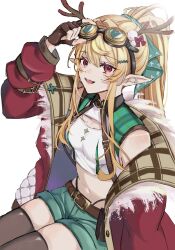 Rule 34 | 1girl, antlers, belt, black thighhighs, blonde hair, brown belt, commentary, crop top, deer antlers, dome (ktn), goggles, goggles on head, green shorts, high ponytail, highres, horns, jacket, long hair, nijisanji, nijisanji en, official alternate costume, open clothes, open jacket, open mouth, pointy ears, pomu rainpuff, red eyes, red jacket, shorts, sidelocks, sitting, smile, solo, symbol-only commentary, thighhighs, virtual youtuber