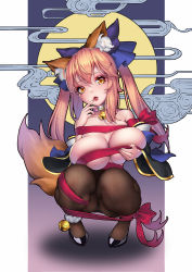 Rule 34 | animal ear fluff, animal ears, bad id, bad pixiv id, bell, blue kimono, bound, breasts, choker, eyeshadow, fate/extra, fate/grand order, fate (series), fishnet pantyhose, fishnets, fox ears, fox girl, fox tail, highres, japanese clothes, kimono, large breasts, lipstick, looking at viewer, makeup, moon, nail polish, panties, panties under pantyhose, pantyhose, pink hair, red lips, rhasta, solo, squatting, tail, tamamo (fate), tamamo no mae (fate/extra), underwear, yellow eyes