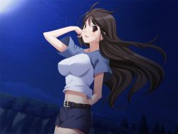 Rule 34 | 1girl, arm behind back, arm up, belt, blush, breasts, brown hair, cleavage, cliff, game cg, gazing, koi to mizugi to taiyo to, large breasts, long hair, looking at viewer, maejima aya, midriff, moonlight, night, open mouth, outdoors, pov, red eyes, shorts, skirt, smile, standing, star (symbol), tank top, tree, vehicle, wind