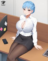 Rule 34 | 1girl, absurdres, alternate costume, black skirt, blue hair, blush, bra, braid, breasts, brown eyes, cleavage, collared shirt, commentary, contemporary, crown braid, english commentary, fire emblem, fire emblem: three houses, formal, highres, kaos art, large breasts, long sleeves, looking at viewer, marianne von edmund, nintendo, office lady, open mouth, pantyhose, partially unbuttoned, pencil skirt, shirt, skirt, skirt suit, solo, suit, unbuttoned, unbuttoned shirt, underwear, white shirt