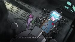 Rule 34 | 1girl, armored core, armored core 6, blue archive, coat, coat on shoulders, commentary request, floating headgear, from above, halo, headgear, holding, holding tablet pc, indoors, locker, long hair, long sleeves, parody, purple hair, school uniform, sidelocks, solo, solokov (okb-999), subtitled, tablet pc, translation request, utaha (blue archive), white coat, yuzu (blue archive)