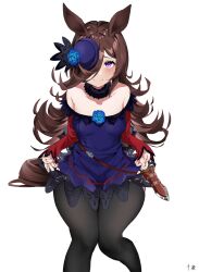 Rule 34 | 1girl, animal ears, black collar, black thighhighs, blue flower, blue rose, breasts, brown hair, cleavage, closed mouth, collar, collarbone, curly hair, dagger, dress, flower, from above, fur collar, hair over one eye, hat, highres, horse ears, horse girl, invisible chair, kagura-chitose (pixiv 68338191), knife, long hair, long sleeves, looking at viewer, no bra, off-shoulder dress, off shoulder, purple dress, purple eyes, red sleeves, rice shower (umamusume), rose, scabbard, sheath, sheathed, signature, simple background, sitting, small breasts, smile, solo, thick thighs, thighhighs, thighs, tilted headwear, umamusume, weapon, white background