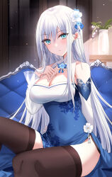 Rule 34 | 1girl, bare shoulders, black thighhighs, blue dress, blue eyes, blue flower, blush, breasts, cleavage, commentary request, commission, detached sleeves, dress, feet out of frame, flower, hair between eyes, hair flower, hair ornament, hand up, highres, indoors, kinona, large breasts, long hair, long sleeves, looking at viewer, original, parted lips, sitting, skeb commission, solo, thighhighs, very long hair, white flower, white hair, white sleeves