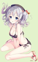 Rule 34 | 10s, 1girl, artist request, beret, between legs, bikini, black bikini, blue eyes, blush, breasts, circle name, cleavage, collarbone, commentary request, flower, front-tie top, hair flower, hair ornament, hat, highres, kantai collection, kashima (kancolle), large breasts, long hair, looking at viewer, open mouth, sandals, side-tie bikini bottom, sidelocks, silver hair, simple background, sitting, smile, solo, sousouman, swimsuit, tsurime, twintails, v arms, wariza, wavy hair